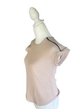 Ribbed Short Sleeve Tee with Shoulder Zip - Blush